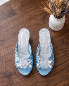 Girls Blue Sequin Slipper Mules with Crystal Flower Brooch | Lucys