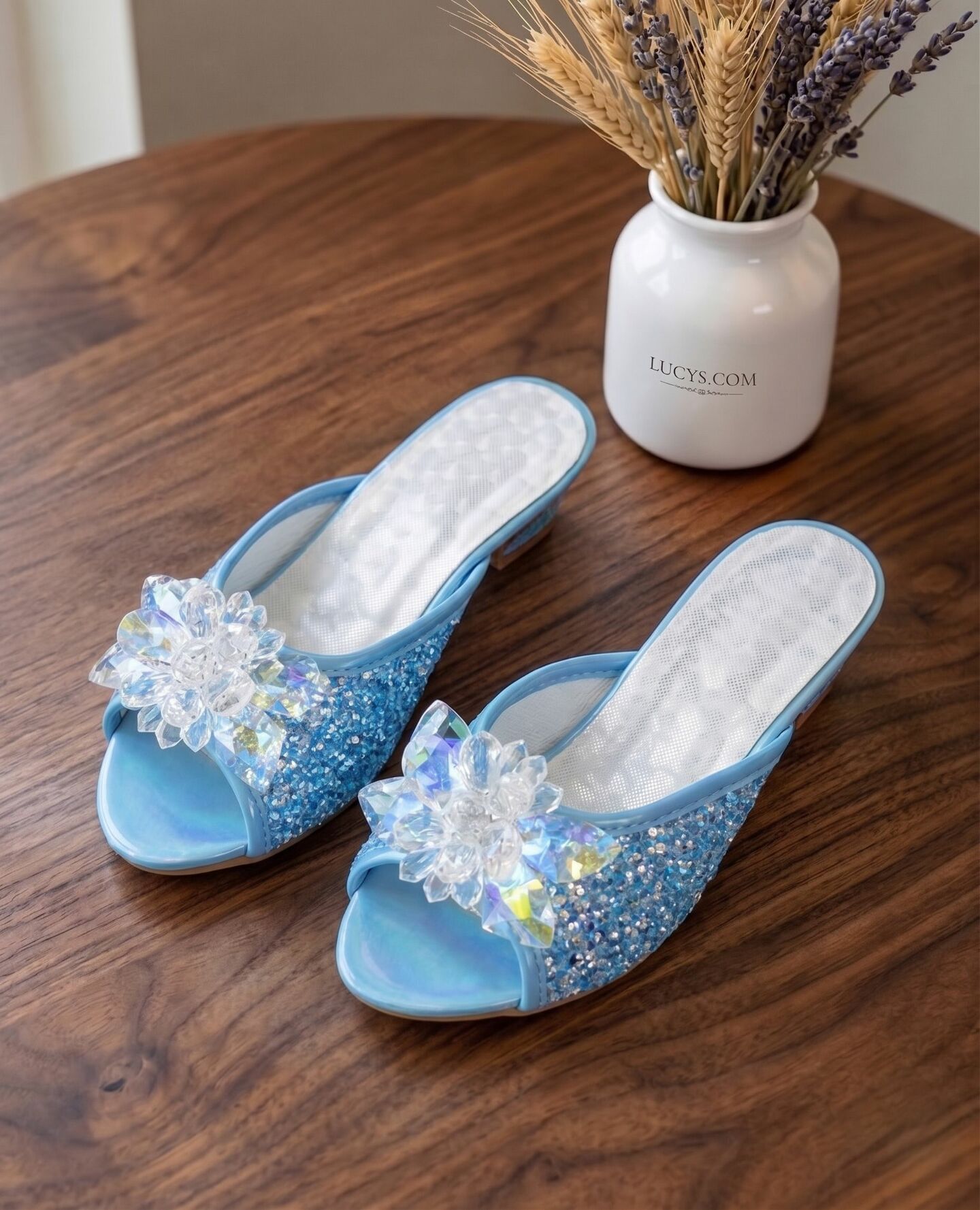 Girls Blue Sequin Slipper Mules with Crystal Flower Brooch | Lucys