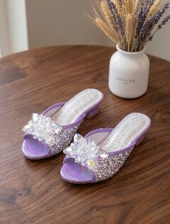Girls Purple Sequin Slipper Mules with Crystal Flower Brooch | Lucys
