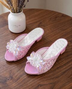 Girls Pink Sequin Slipper Mules with Crystal Flower Brooch | Lucys
