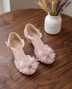 Girls Pink Sequin Flat Dress Shoes with Pearl Strap & Rhinestone Bow | Lucys