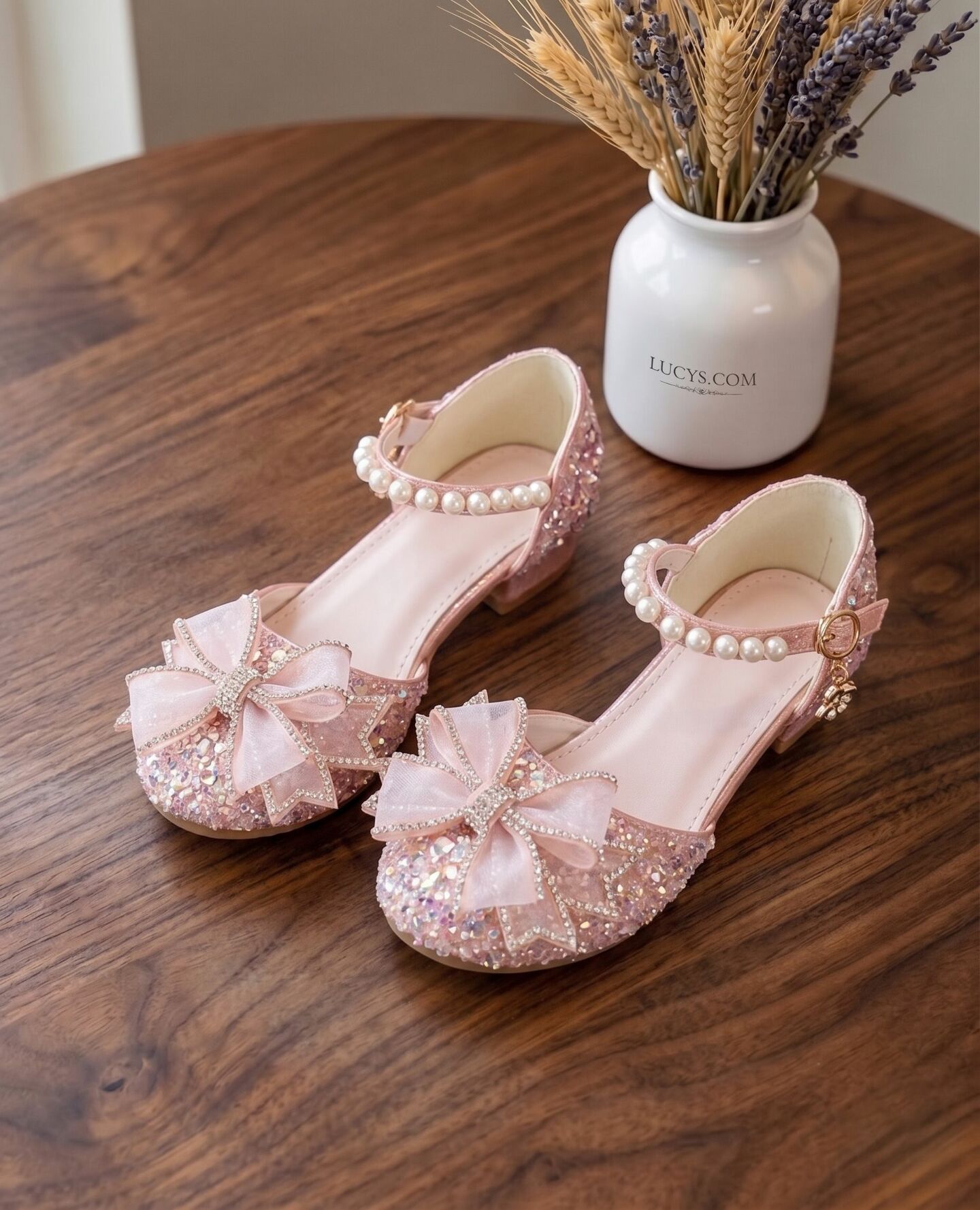 Girls Pink Sequin Flat Dress Shoes with Pearl Strap & Rhinestone Bow | Lucys