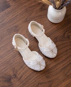 Girls White Sequin Flat Dress Shoes with Pearl Strap & Rhinestone Bow | Lucys