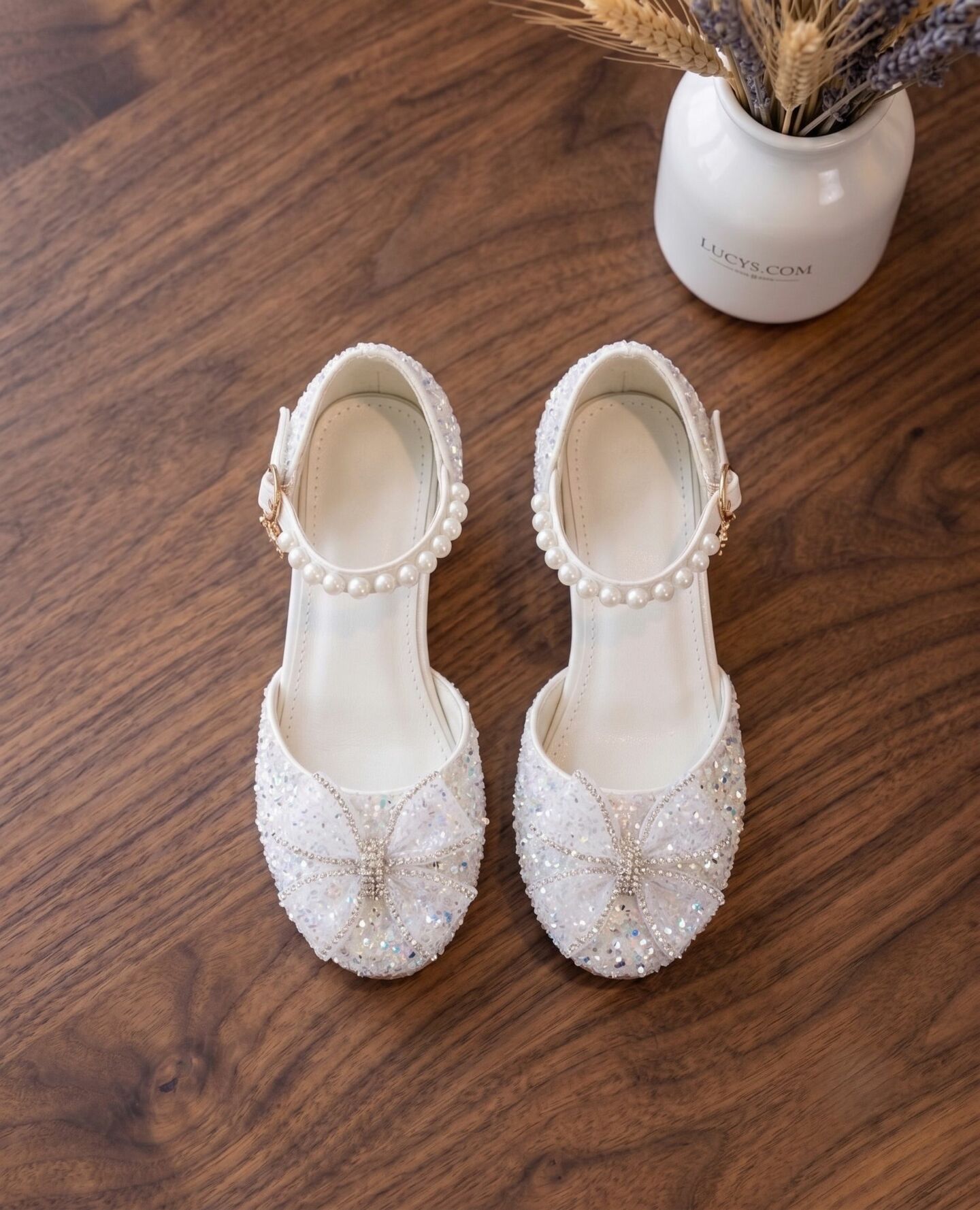 Girls White Sequin Flat Dress Shoes with Pearl Strap & Rhinestone Bow | Lucys