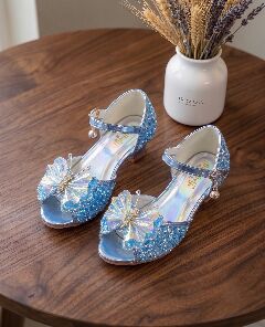 Girls Blue Sequin Butterfly Low Heel Dress Shoes with Holographic Sole | Lucys