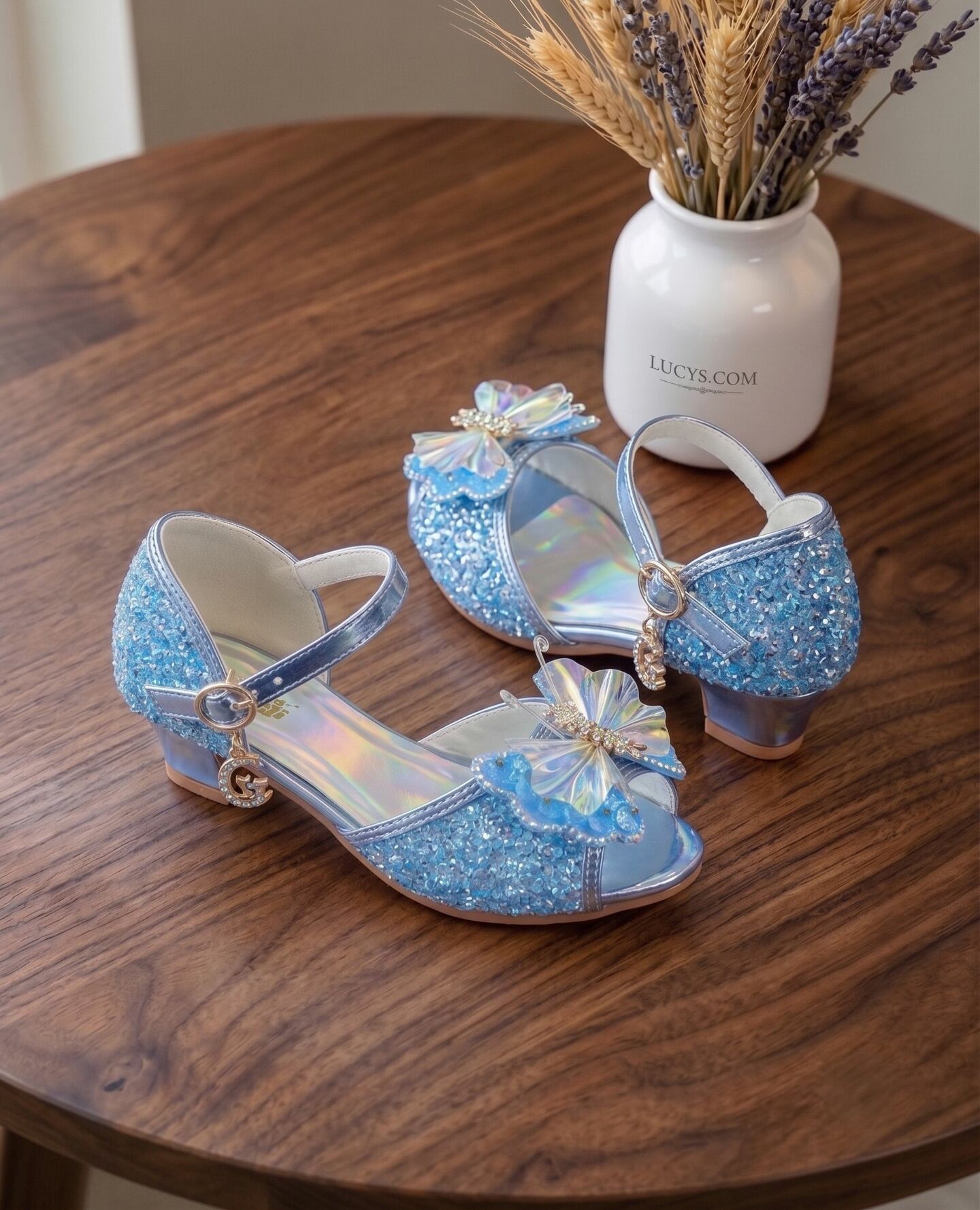 Girls Blue Sequin Butterfly Low Heel Dress Shoes with Holographic Sole | Lucys