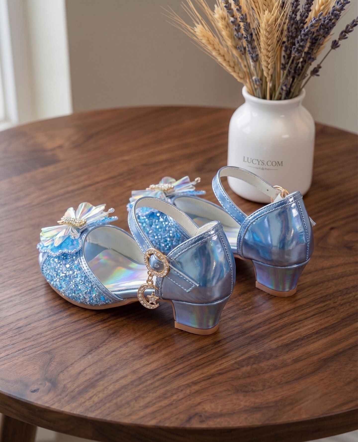 Girls Blue Sequin Butterfly Low Heel Dress Shoes with Holographic Sole | Lucys