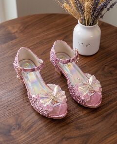 Girls Pink Sequin Butterfly Low Heel Dress Shoes with Holographic Sole | Lucys