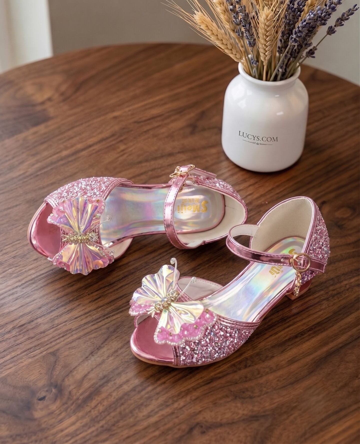 Girls Pink Sequin Butterfly Low Heel Dress Shoes with Holographic Sole | Lucys