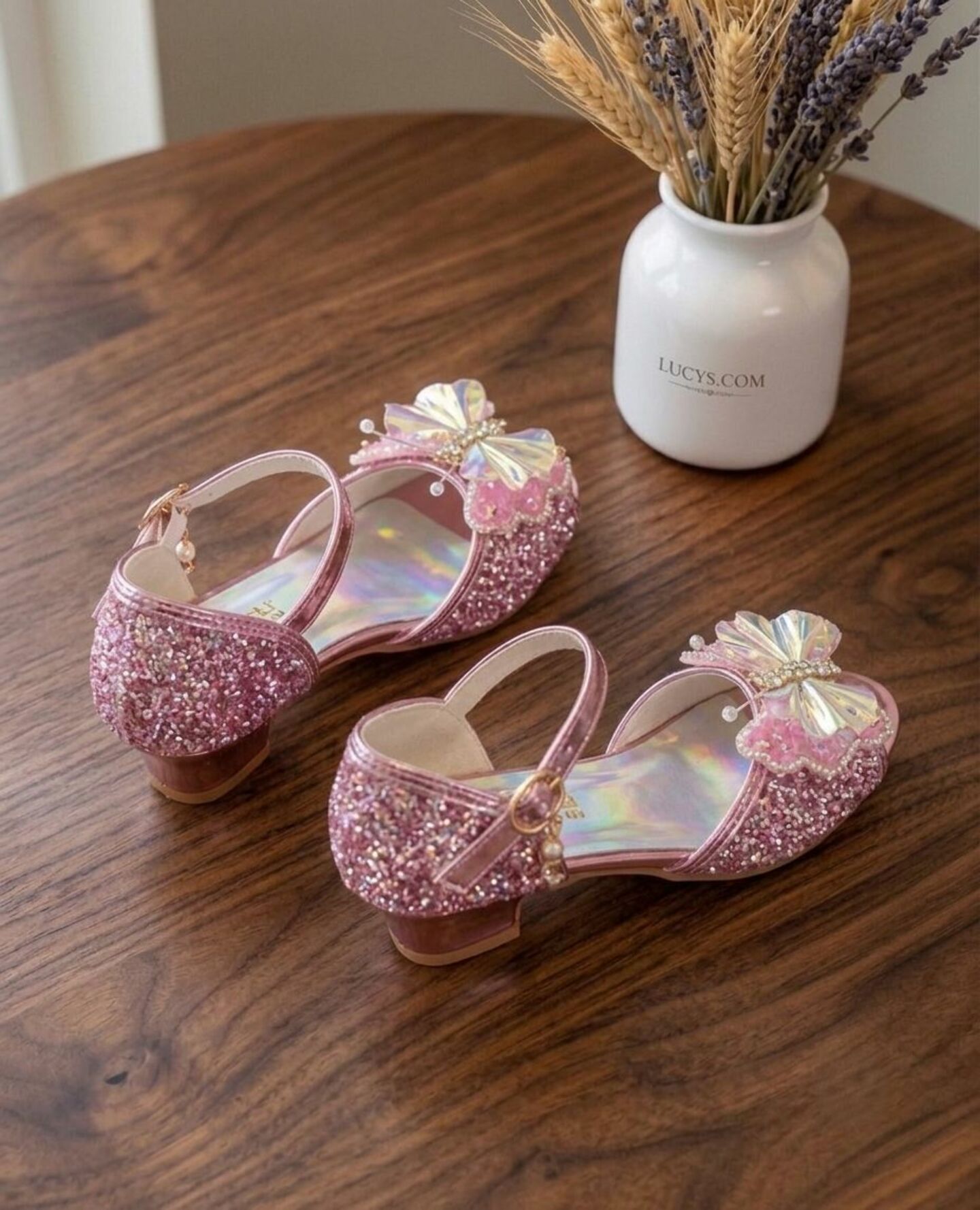 Girls Pink Sequin Butterfly Low Heel Dress Shoes with Holographic Sole | Lucys