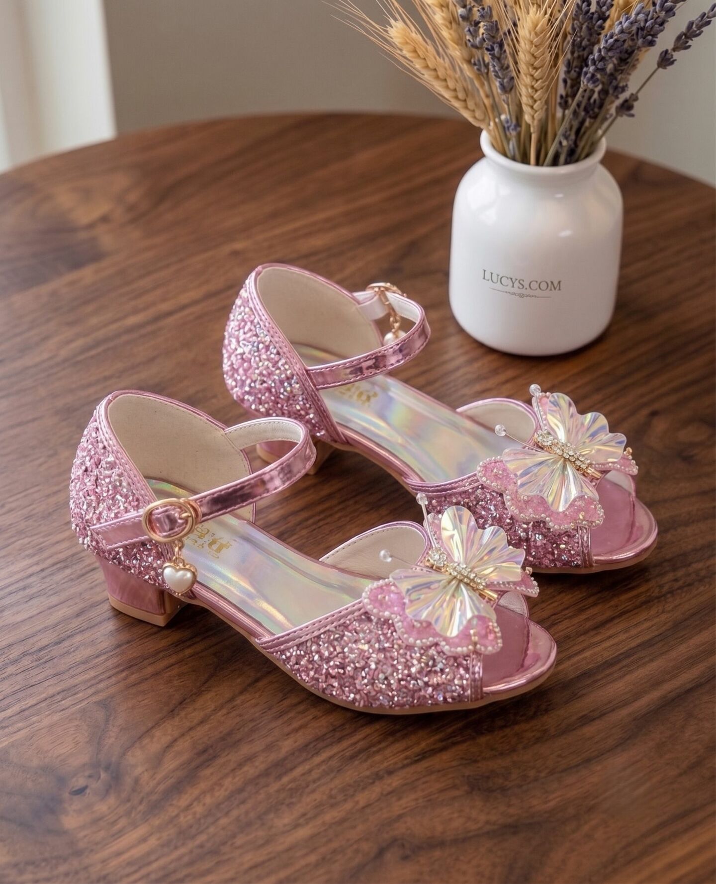 Girls Pink Sequin Butterfly Low Heel Dress Shoes with Holographic Sole | Lucys