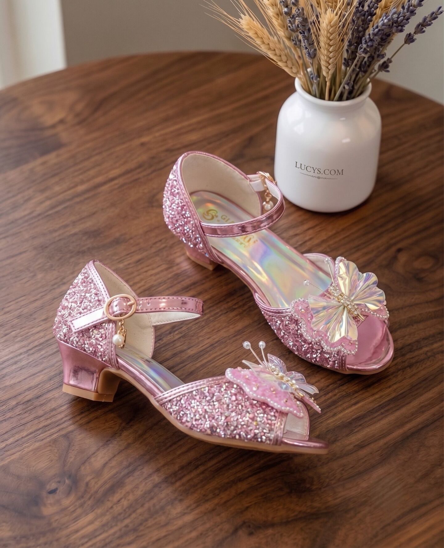 Girls Pink Sequin Butterfly Low Heel Dress Shoes with Holographic Sole | Lucys
