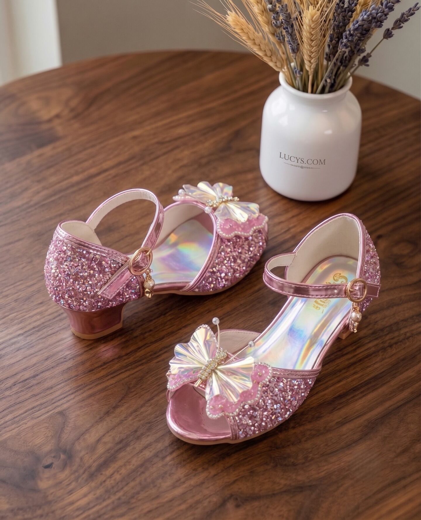 Girls Pink Sequin Butterfly Low Heel Dress Shoes with Holographic Sole | Lucys