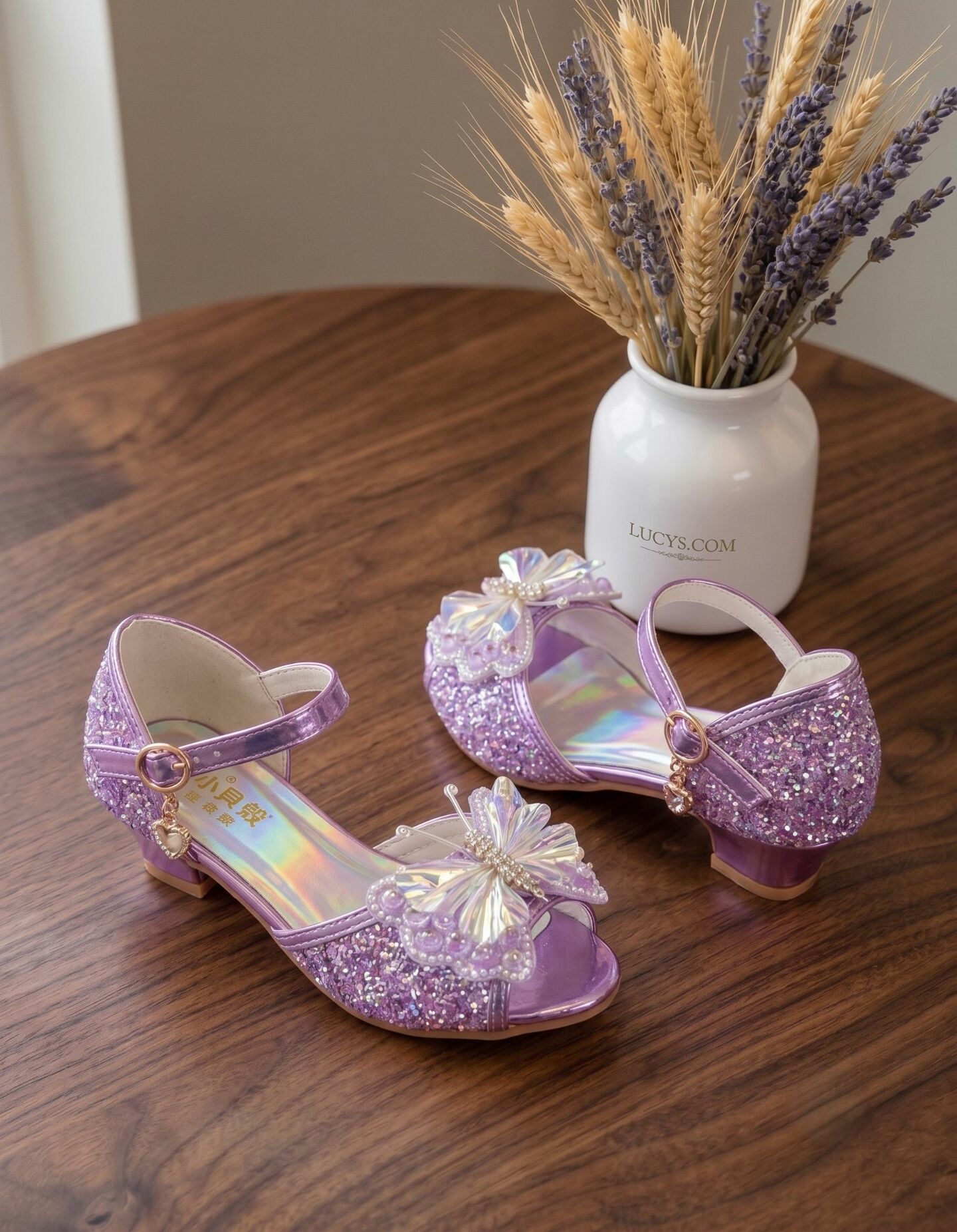 Girls Purple Sequin Butterfly Low Heel Dress Shoes with Holographic Sole | Lucys