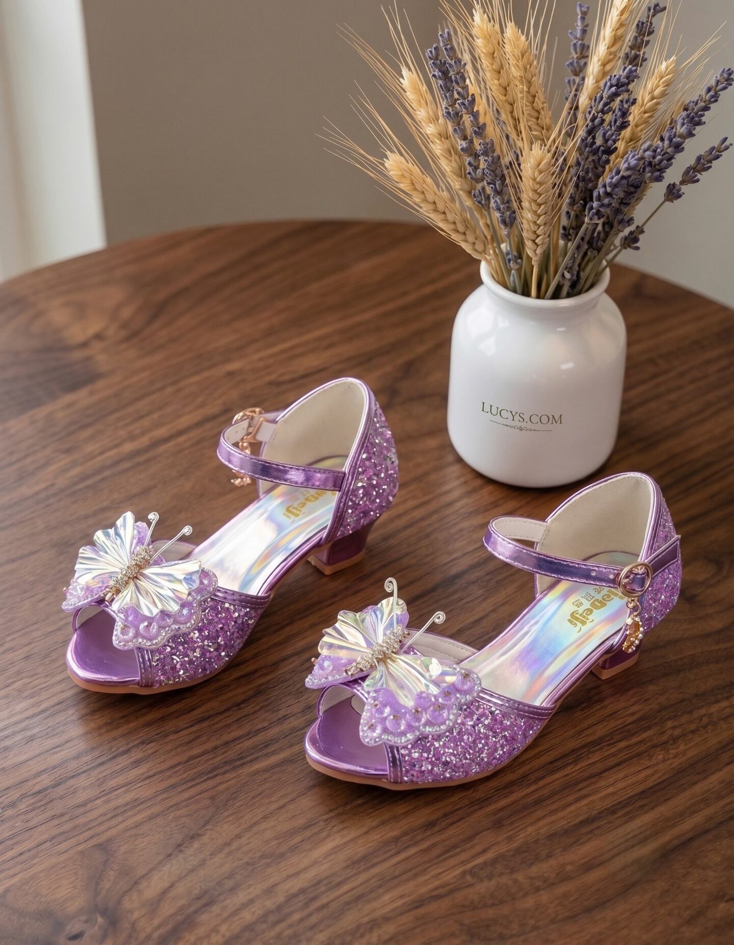 Girls Purple Sequin Butterfly Low Heel Dress Shoes with Holographic Sole | Lucys