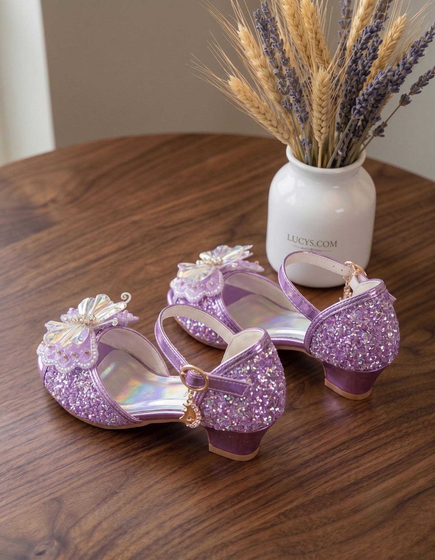 Girls Purple Sequin Butterfly Low Heel Dress Shoes with Holographic Sole | Lucys