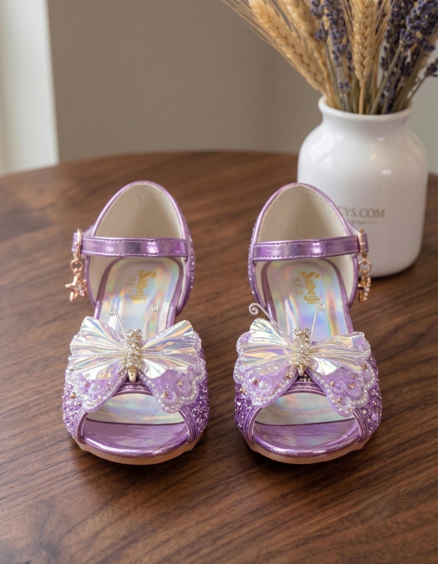 Girls Purple Sequin Butterfly Low Heel Dress Shoes with Holographic Sole | Lucys
