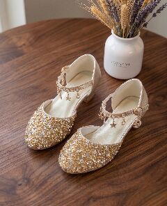 Girls Gold Sequin Flat Dress Shoes with Pearl Strap & Star Charms | Lucys
