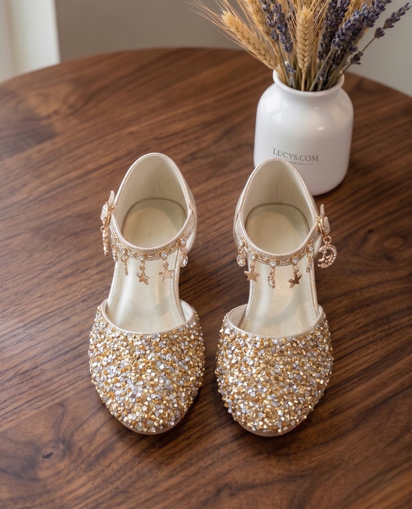 Girls Gold Sequin Flat Dress Shoes with Pearl Strap & Star Charms | Lucys