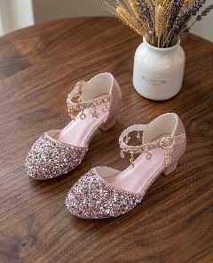 Girls Dusty Pink Sequin Flat Dress Shoes with Pearl Strap & Charms | Lucys