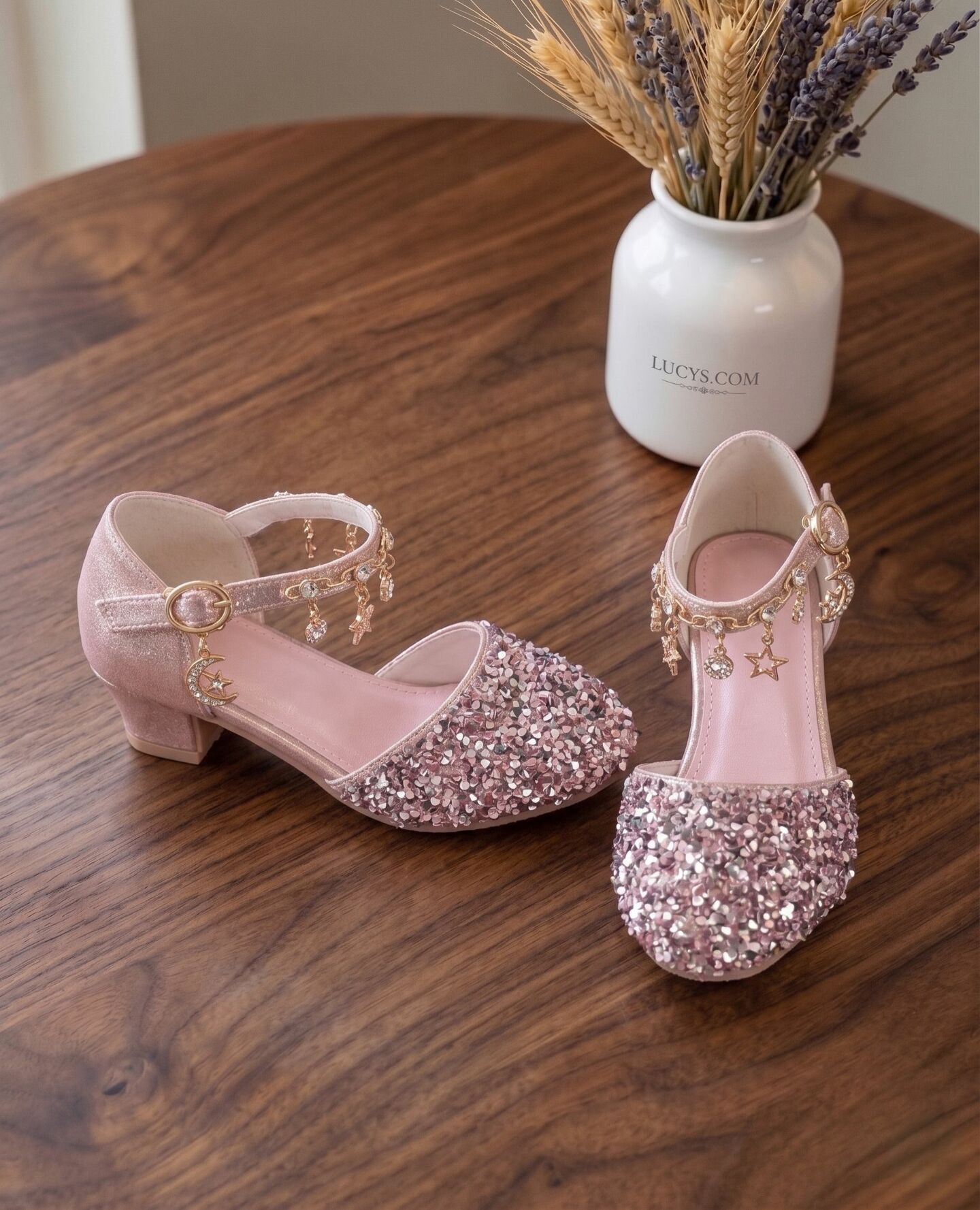 Girls Dusty Pink Sequin Flat Dress Shoes with Pearl Strap & Charms | Lucys