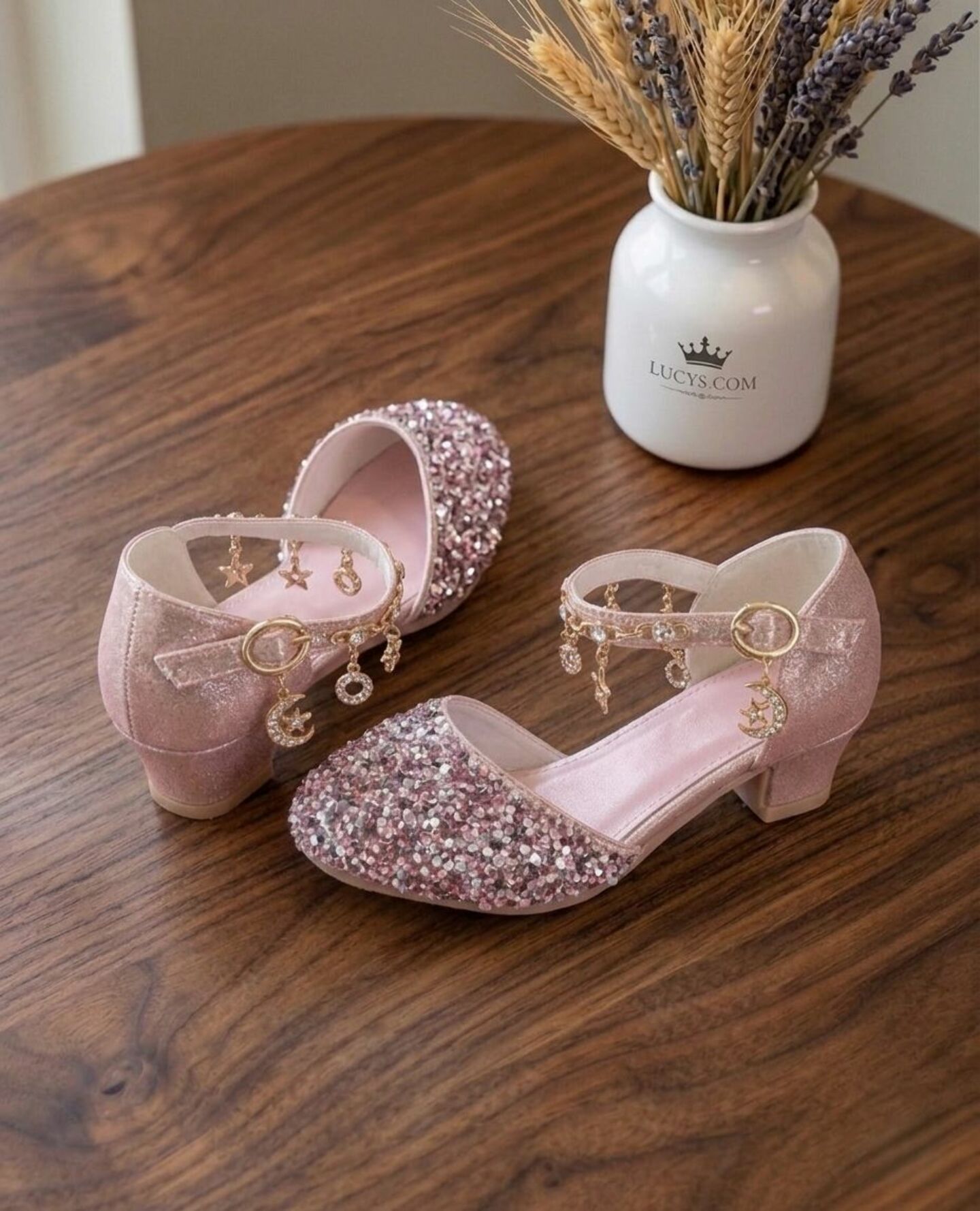 Girls Dusty Pink Sequin Flat Dress Shoes with Pearl Strap & Charms | Lucys