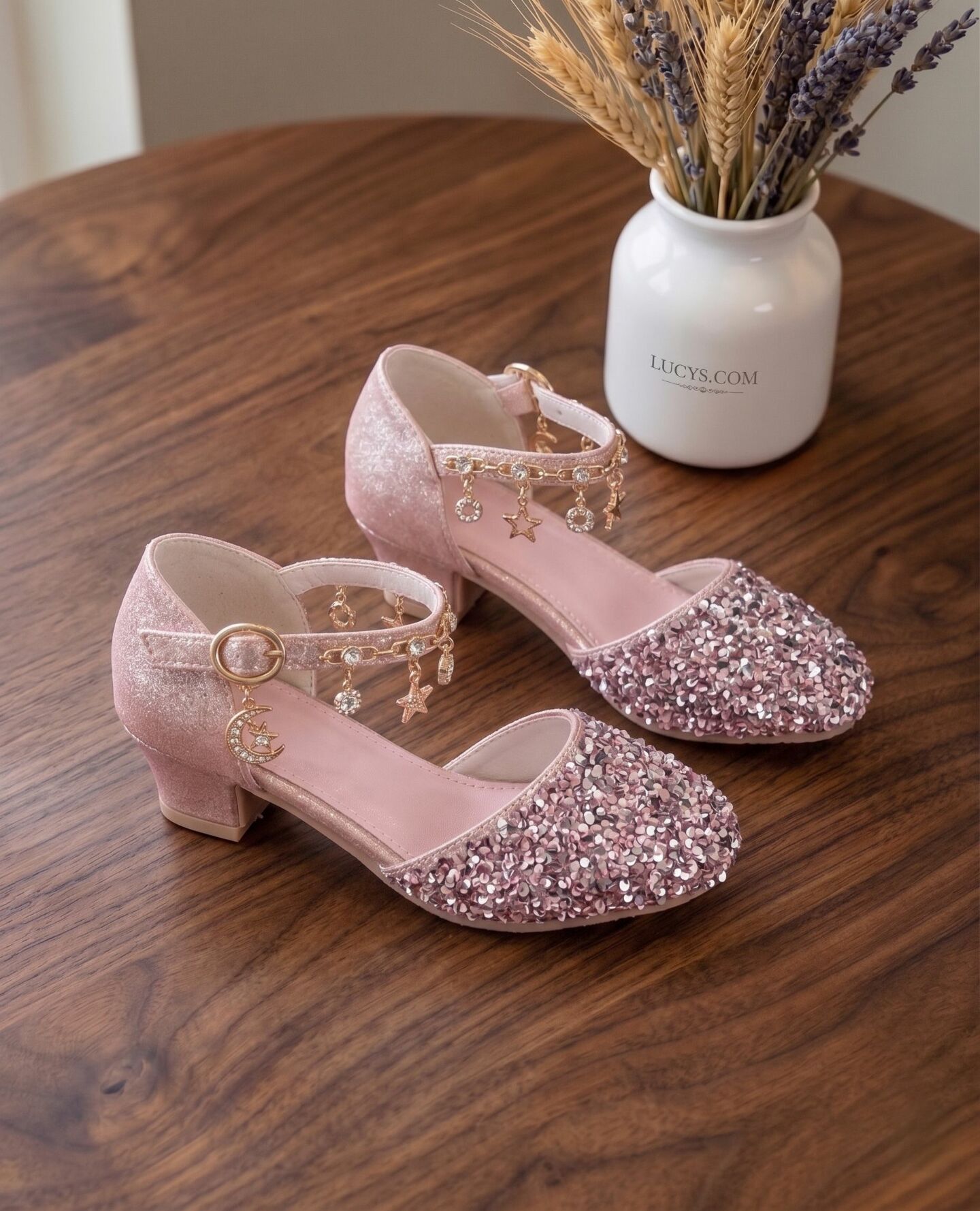 Girls Dusty Pink Sequin Flat Dress Shoes with Pearl Strap & Charms | Lucys