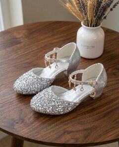 Girls Silver Sequin Flat Dress Shoes with Pearl Strap & Star Charms | Lucys
