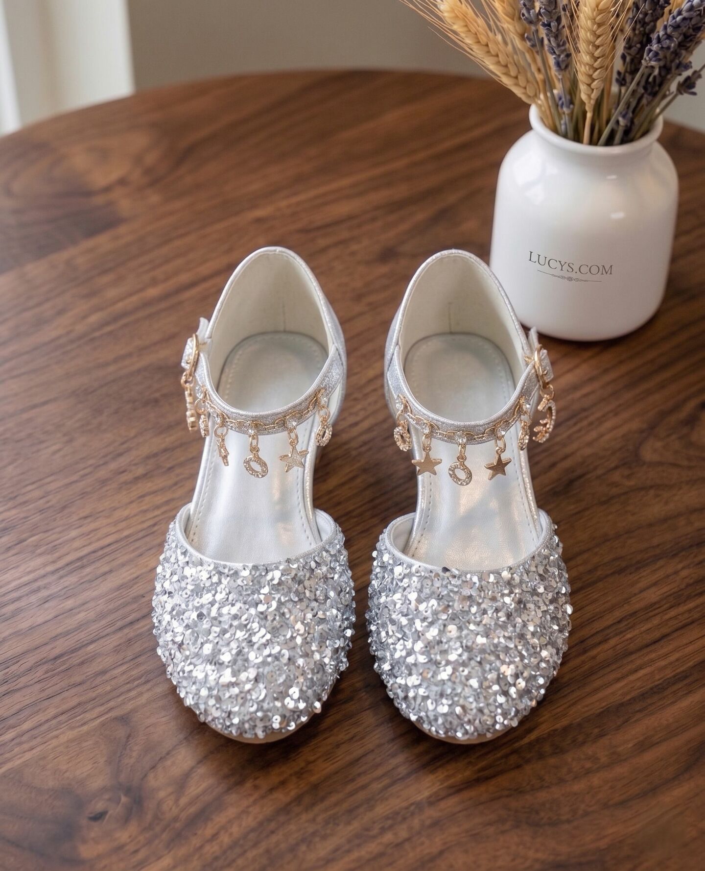 Girls Silver Sequin Flat Dress Shoes with Pearl Strap & Star Charms | Lucys