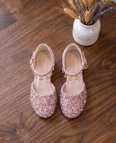 Girls Pink Sequin Flat Dress Shoes with Pearl Strap & Star Charms | Lucys