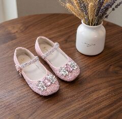 Girls Pink Mary Jane Flat Dress Shoes with Jeweled Brooch & Pearl Strap | Lucys