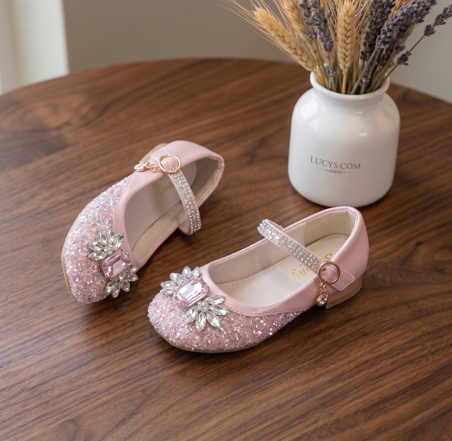 Girls Pink Mary Jane Flat Dress Shoes with Jeweled Brooch & Pearl Strap | Lucys