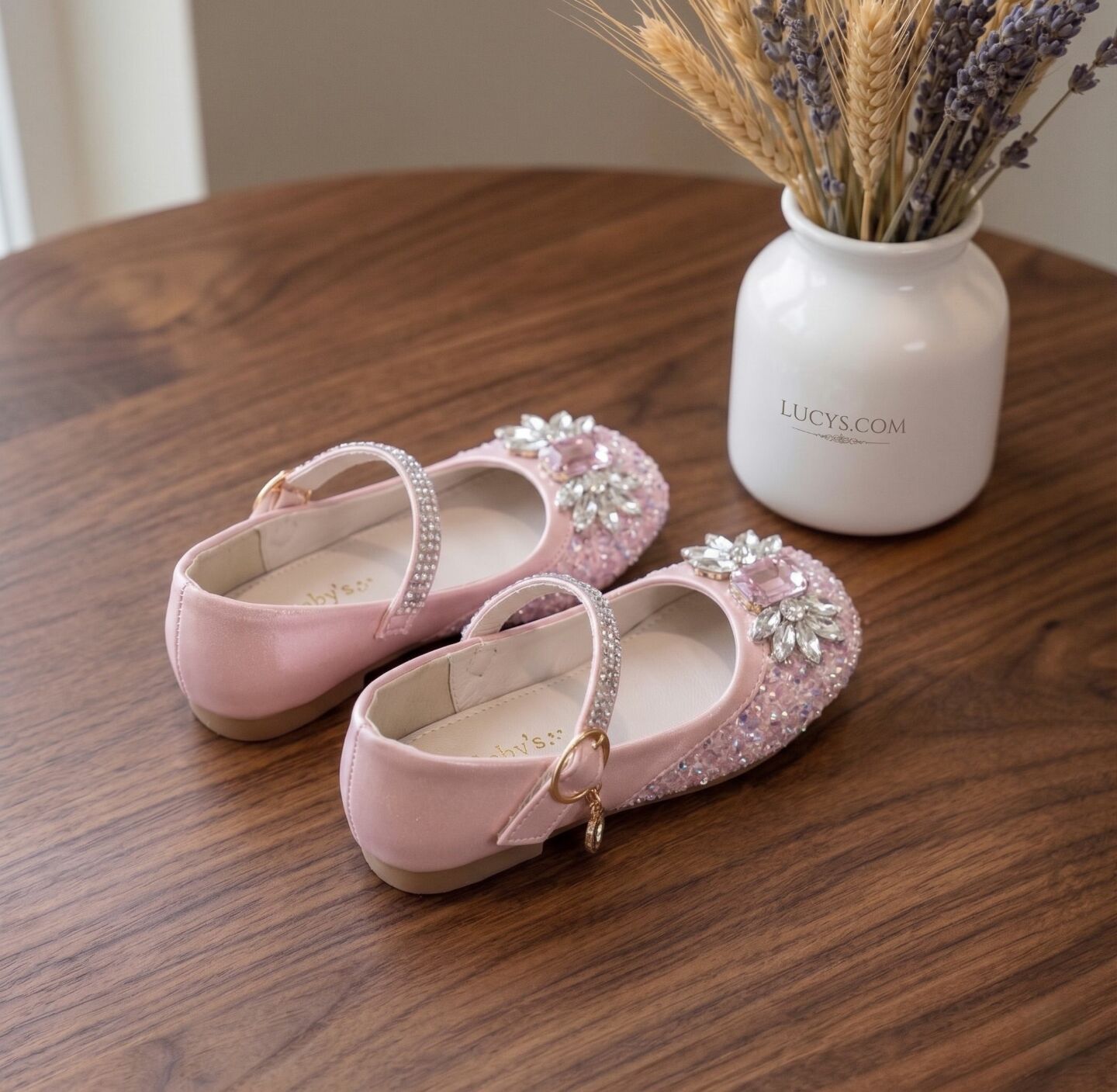 Girls Pink Mary Jane Flat Dress Shoes with Jeweled Brooch & Pearl Strap | Lucys