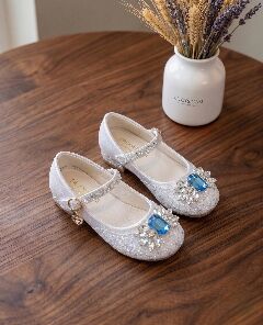 Girls White Mary Jane Flat Dress Shoes with Jeweled Brooch & Pearl Strap | Lucys