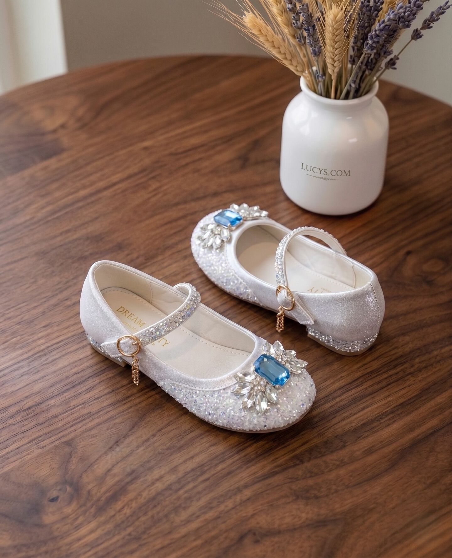 Girls White Mary Jane Flat Dress Shoes with Jeweled Brooch & Pearl Strap | Lucys
