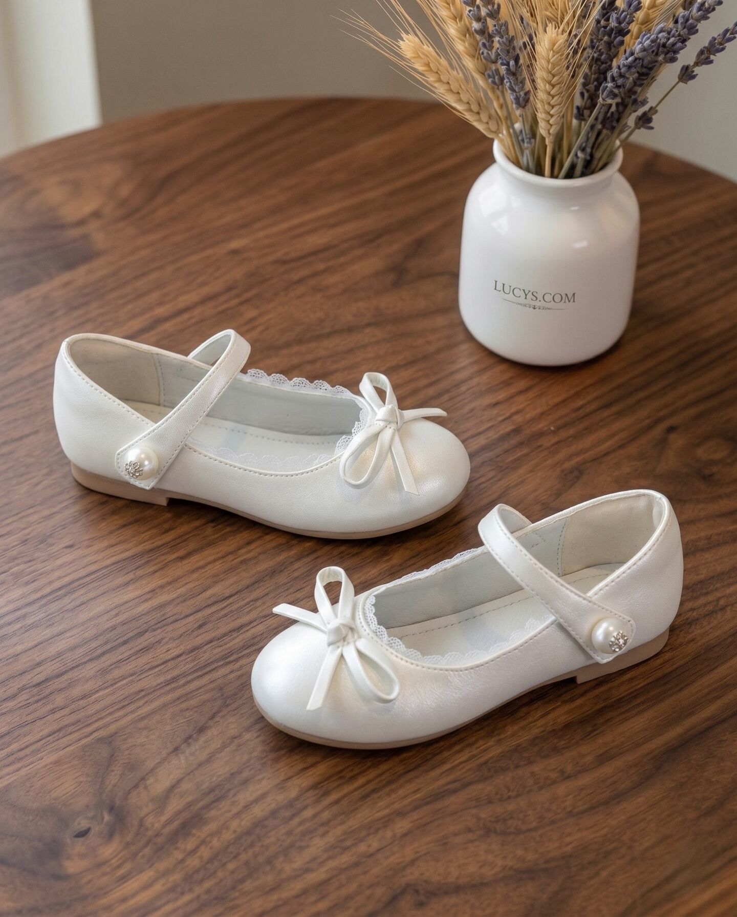 Girls White Classic Mary Jane Flat Dress Shoes with Lace Trim & Pearl Bead | Lucys