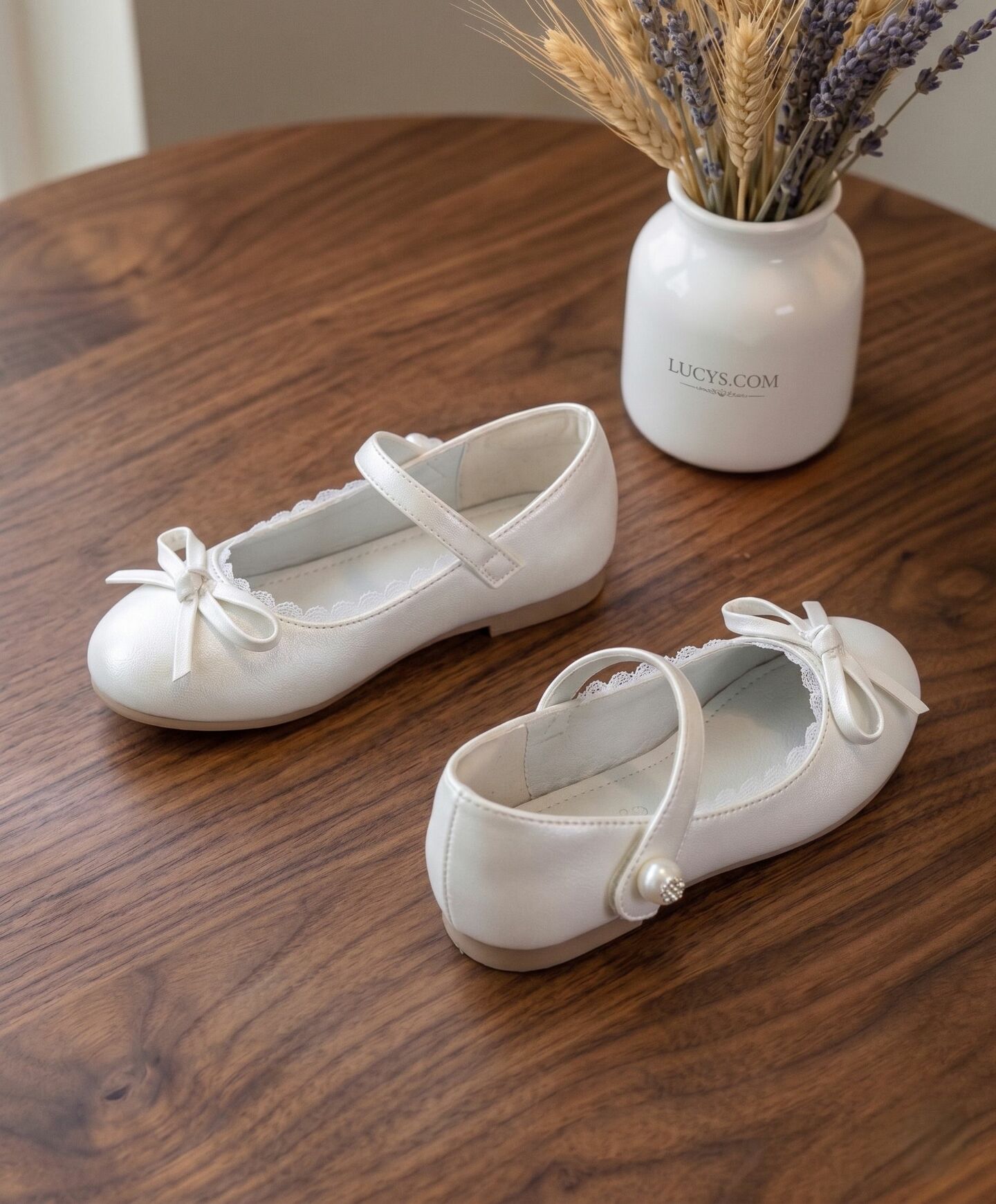 Girls White Classic Mary Jane Flat Dress Shoes with Lace Trim & Pearl Bead | Lucys