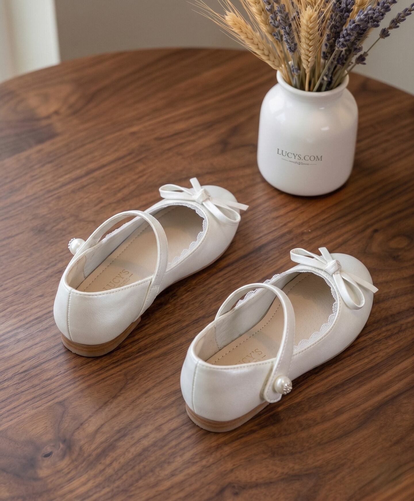 Girls White Classic Mary Jane Flat Dress Shoes with Lace Trim & Pearl Bead | Lucys