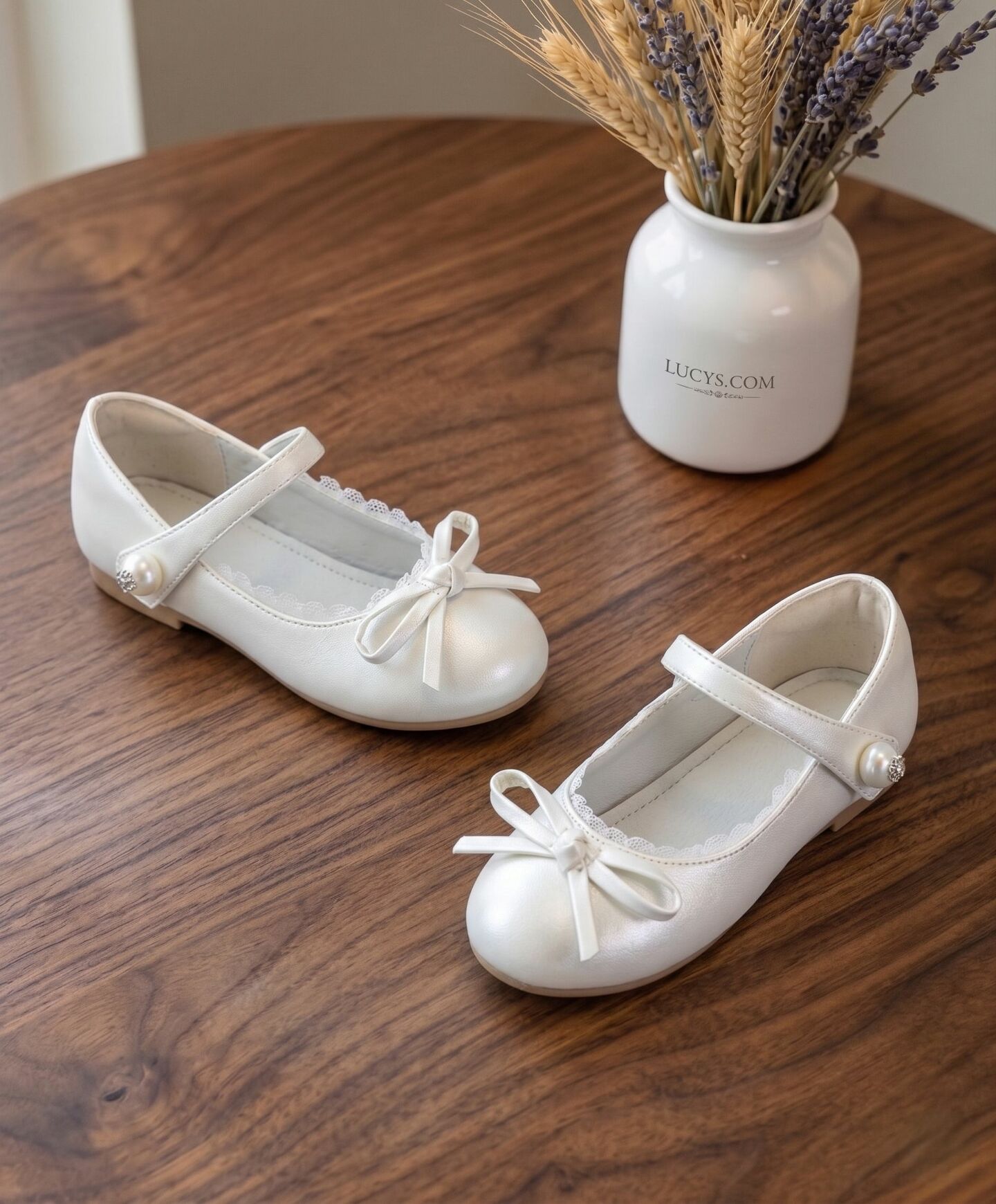 Girls White Classic Mary Jane Flat Dress Shoes with Lace Trim & Pearl Bead | Lucys