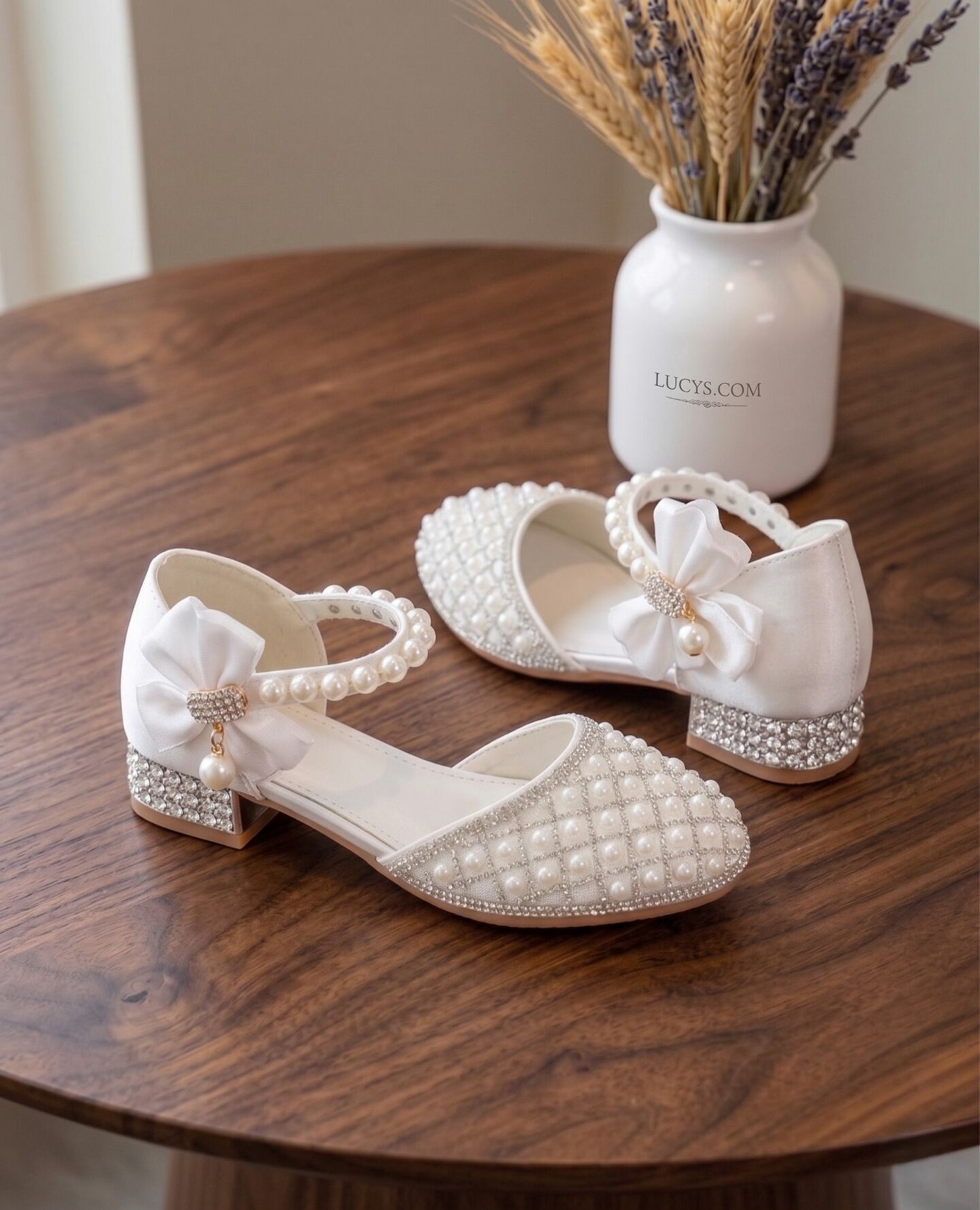 Girls White Pearl Rhinestone Block Heel Mary Jane Dress Shoes | Lucys