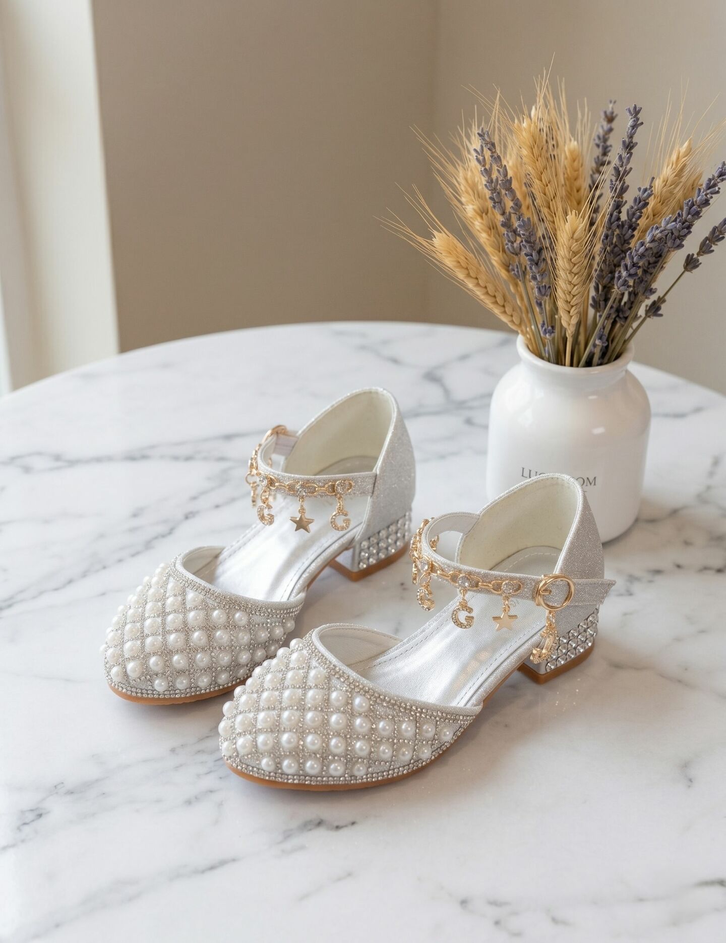 Girls Silver Glitter Pearl Rhinestone Block Heel Pump Dress Shoes with Gold Charm Details | Lucys