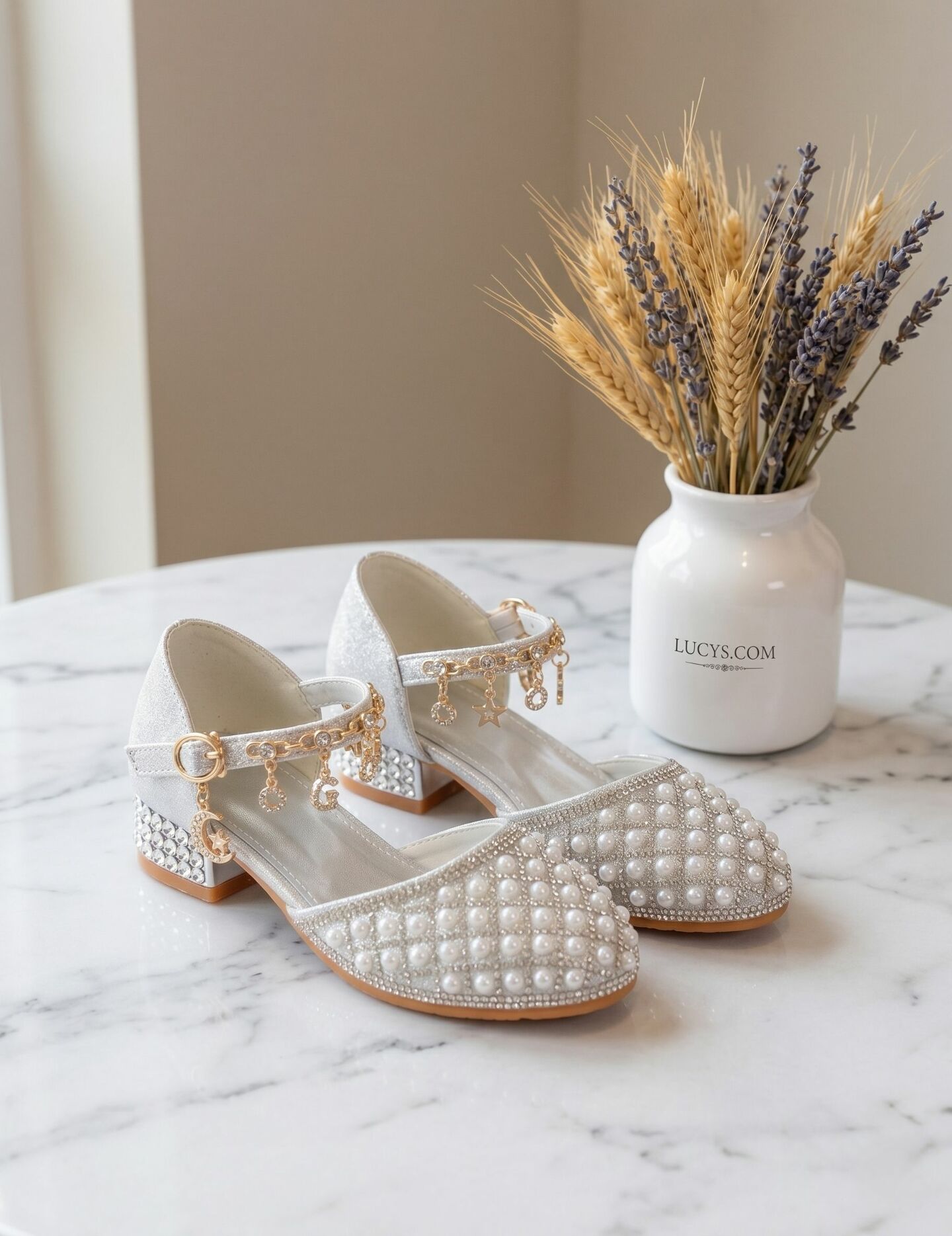 Girls Silver Glitter Pearl Rhinestone Block Heel Pump Dress Shoes with Gold Charm Details | Lucys