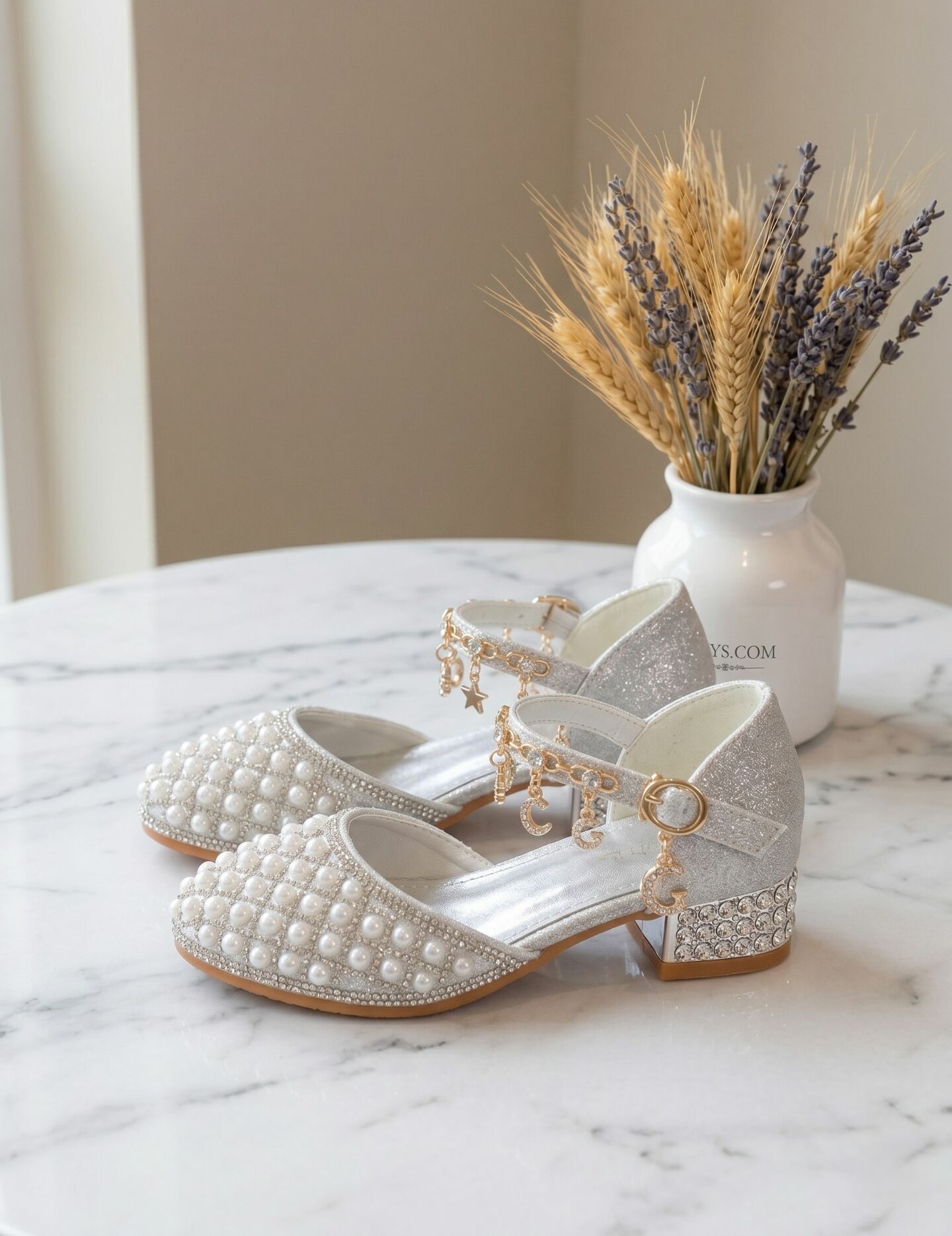 Girls Silver Glitter Pearl Rhinestone Block Heel Pump Dress Shoes with Gold Charm Details | Lucys