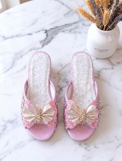 Girls Pink Jeweled Butterfly Block Heel Open-Toe Sandal Slippers with Holographic Wings | Lucys