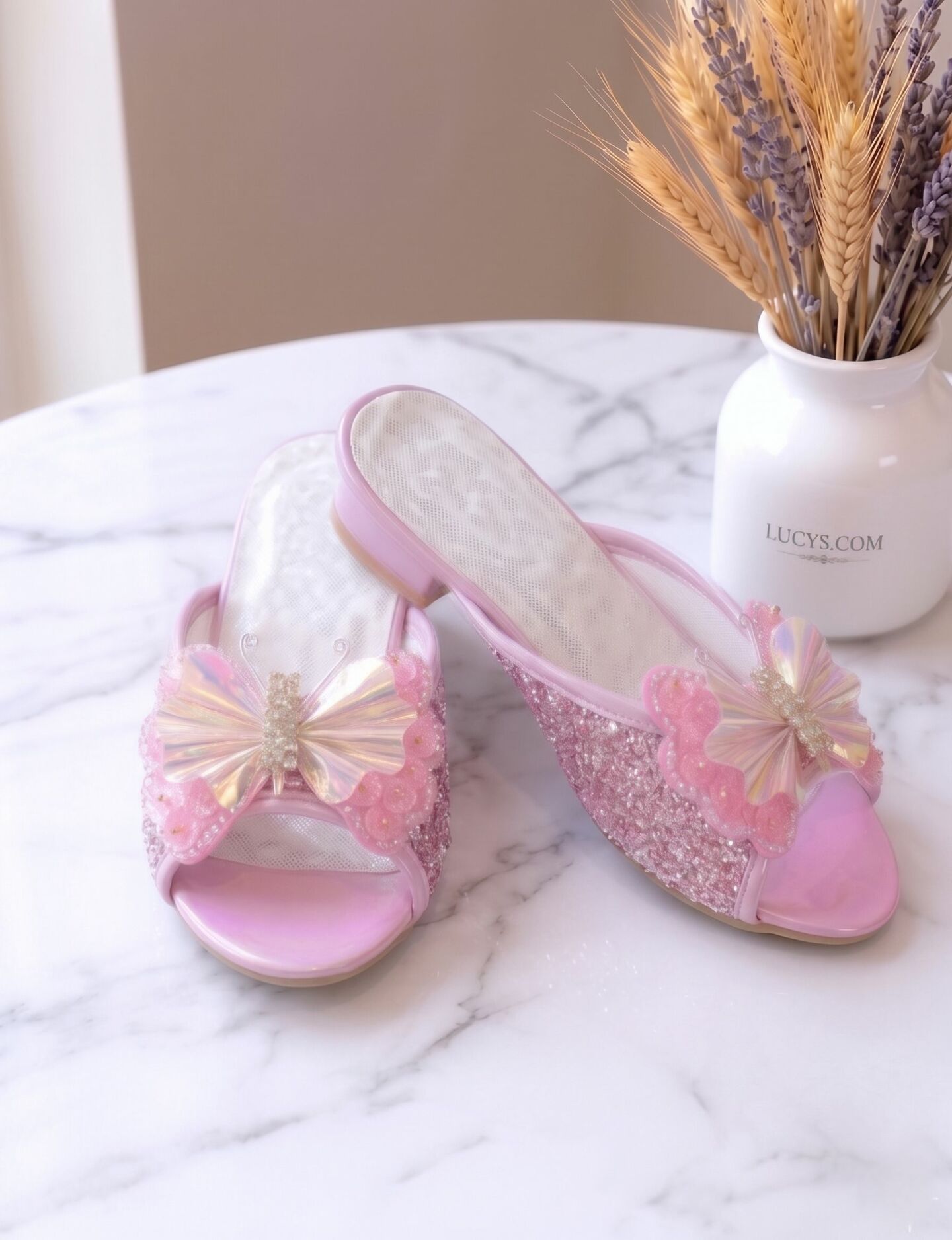 Girls Pink Jeweled Butterfly Block Heel Open-Toe Sandal Slippers with Holographic Wings | Lucys