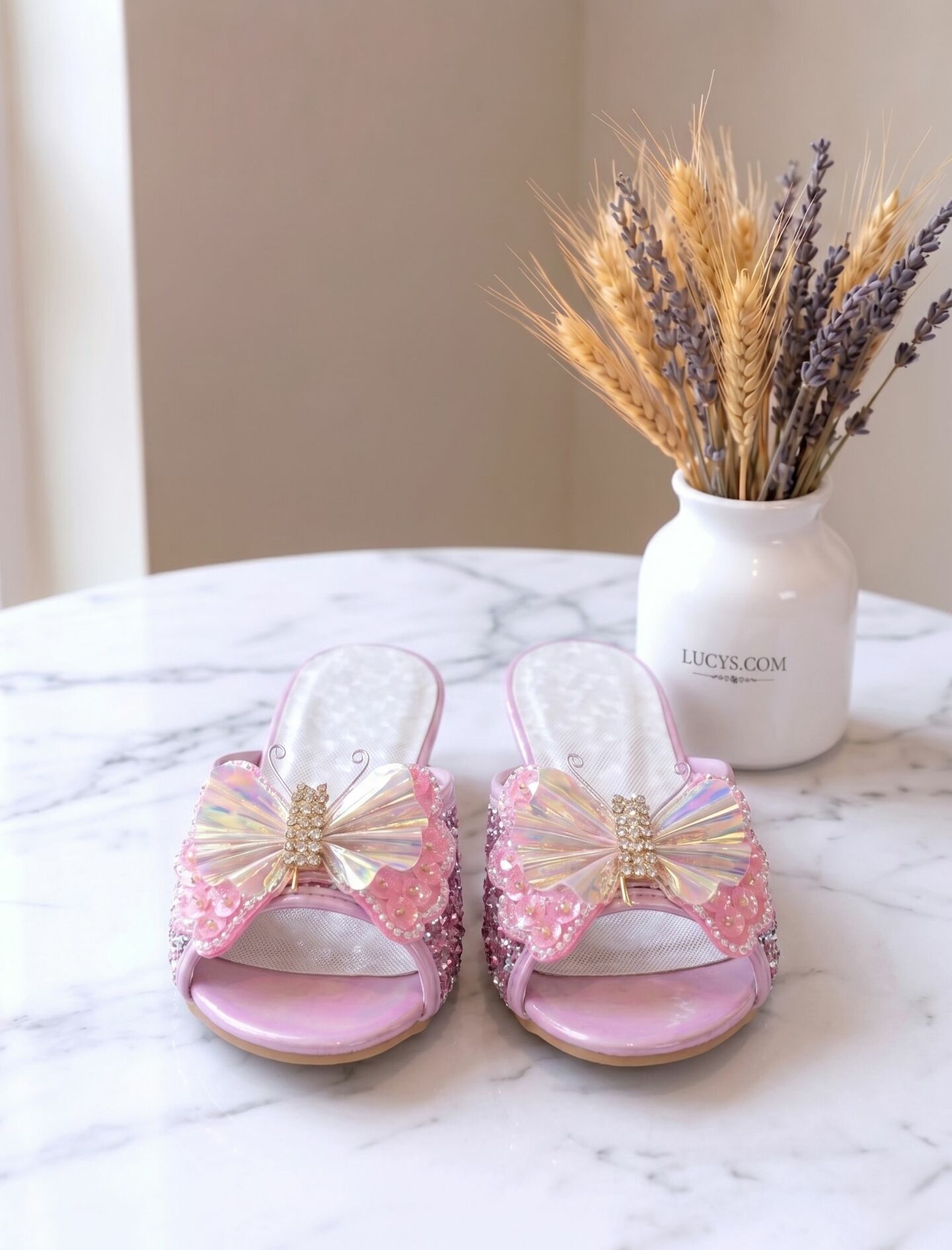 Girls Pink Jeweled Butterfly Block Heel Open-Toe Sandal Slippers with Holographic Wings | Lucys