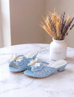 Girls Blue Jeweled Butterfly Block Heel Open-Toe Sandal Slippers with Holographic Wings | Lucys