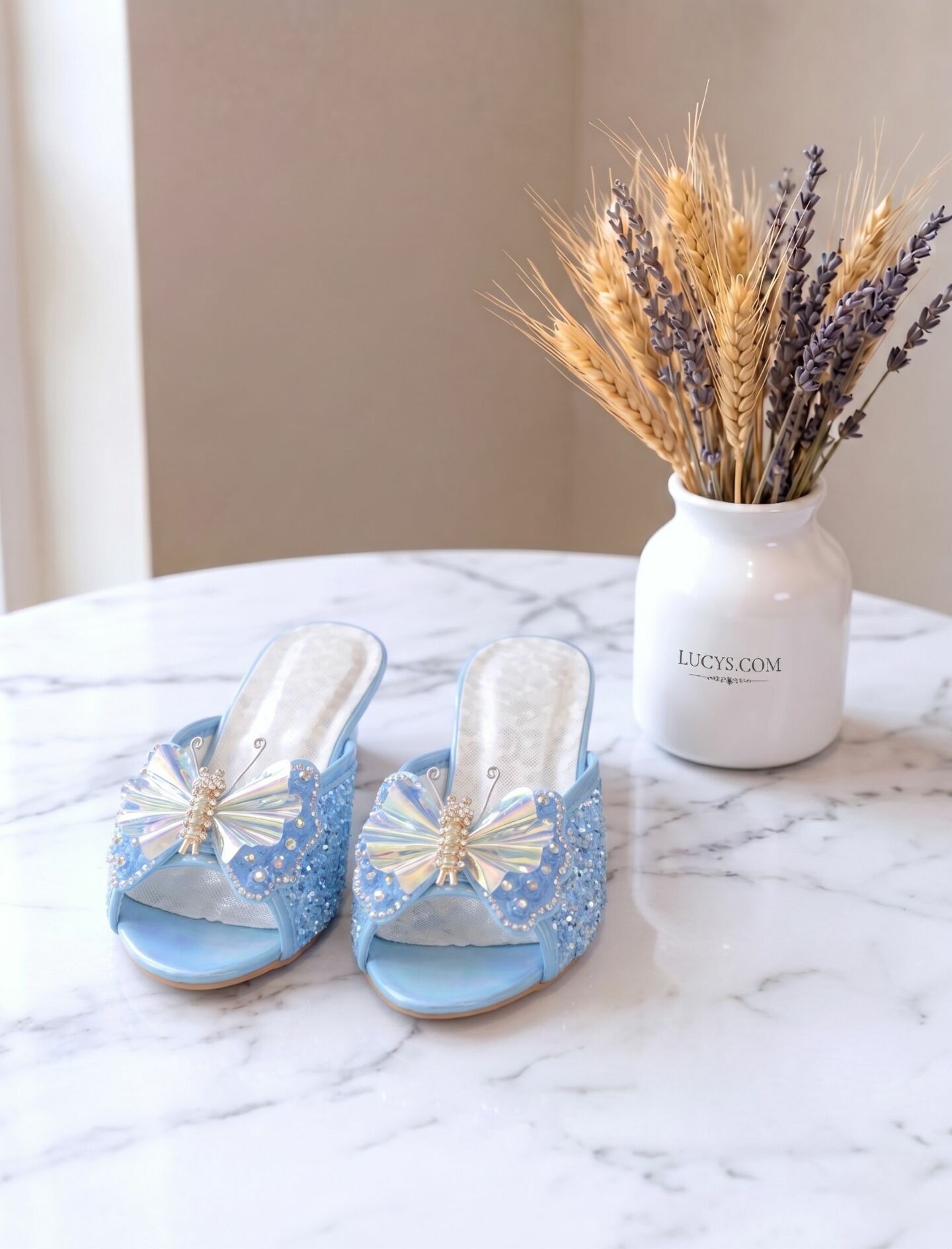 Girls Blue Jeweled Butterfly Block Heel Open-Toe Sandal Slippers with Holographic Wings | Lucys