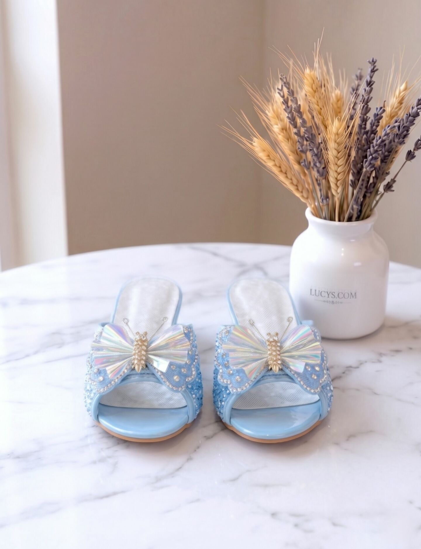 Girls Blue Jeweled Butterfly Block Heel Open-Toe Sandal Slippers with Holographic Wings | Lucys