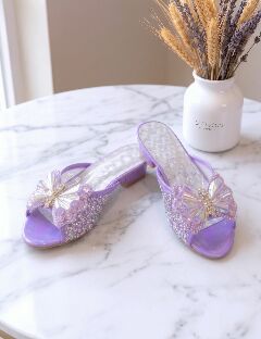 Girls Purple Jeweled Butterfly Block Heel Open-Toe Sandal Slippers with Holographic Wings | Lucys